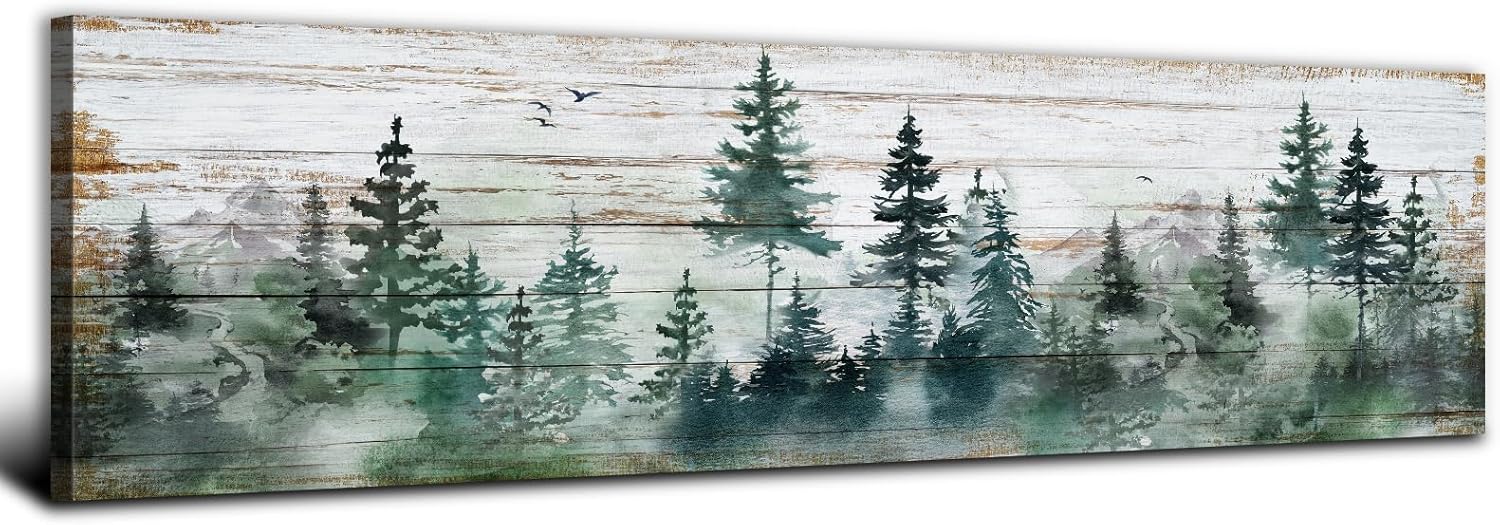 Farmhouse Pine Tree Wall Art Forest Picture Wall Decor Rustic Wood Mountain Canvas Prints Artwork for Living Room Kitchen Cabin Home Decor Vintage Landscape Poster Painting Decorations 14x48”
